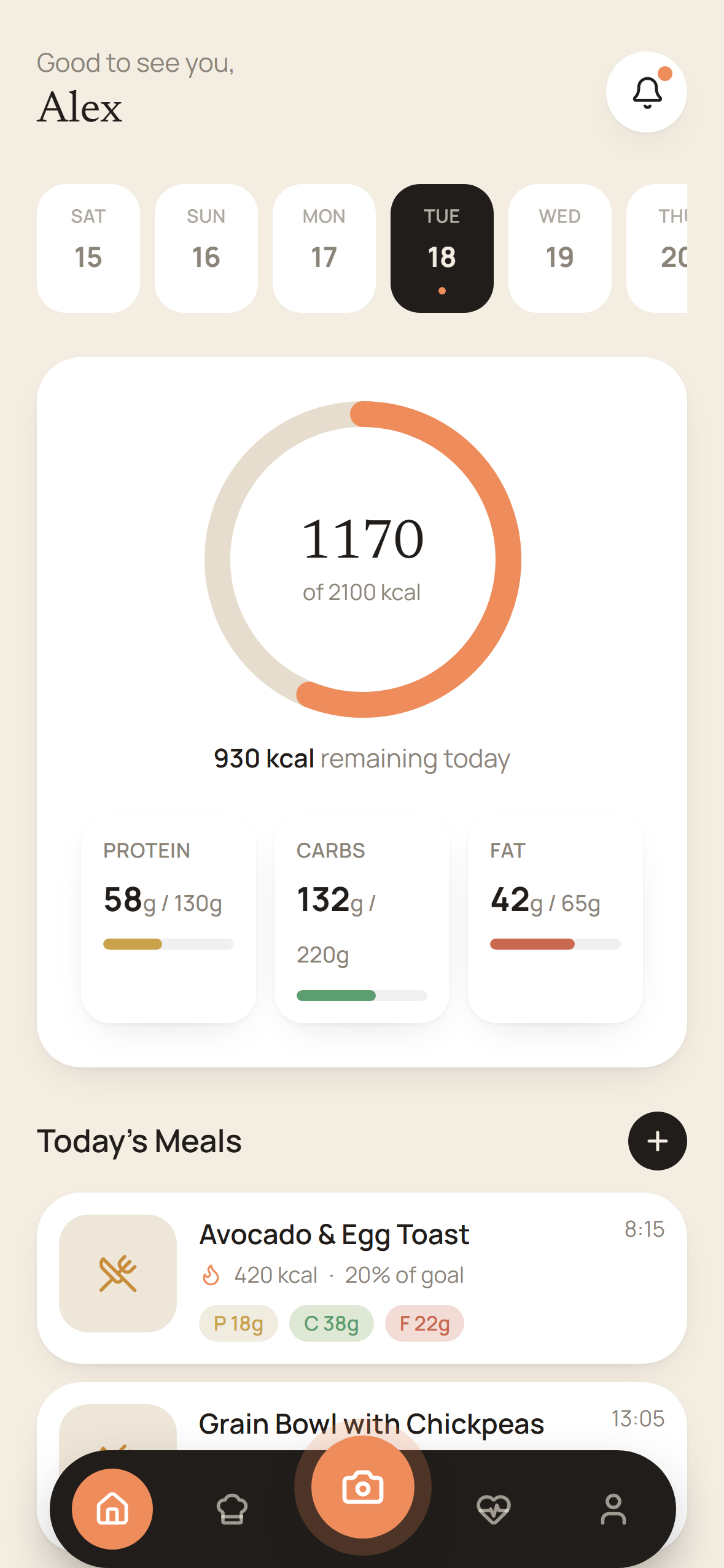 Logged meal on the Nourish Tech dashboard