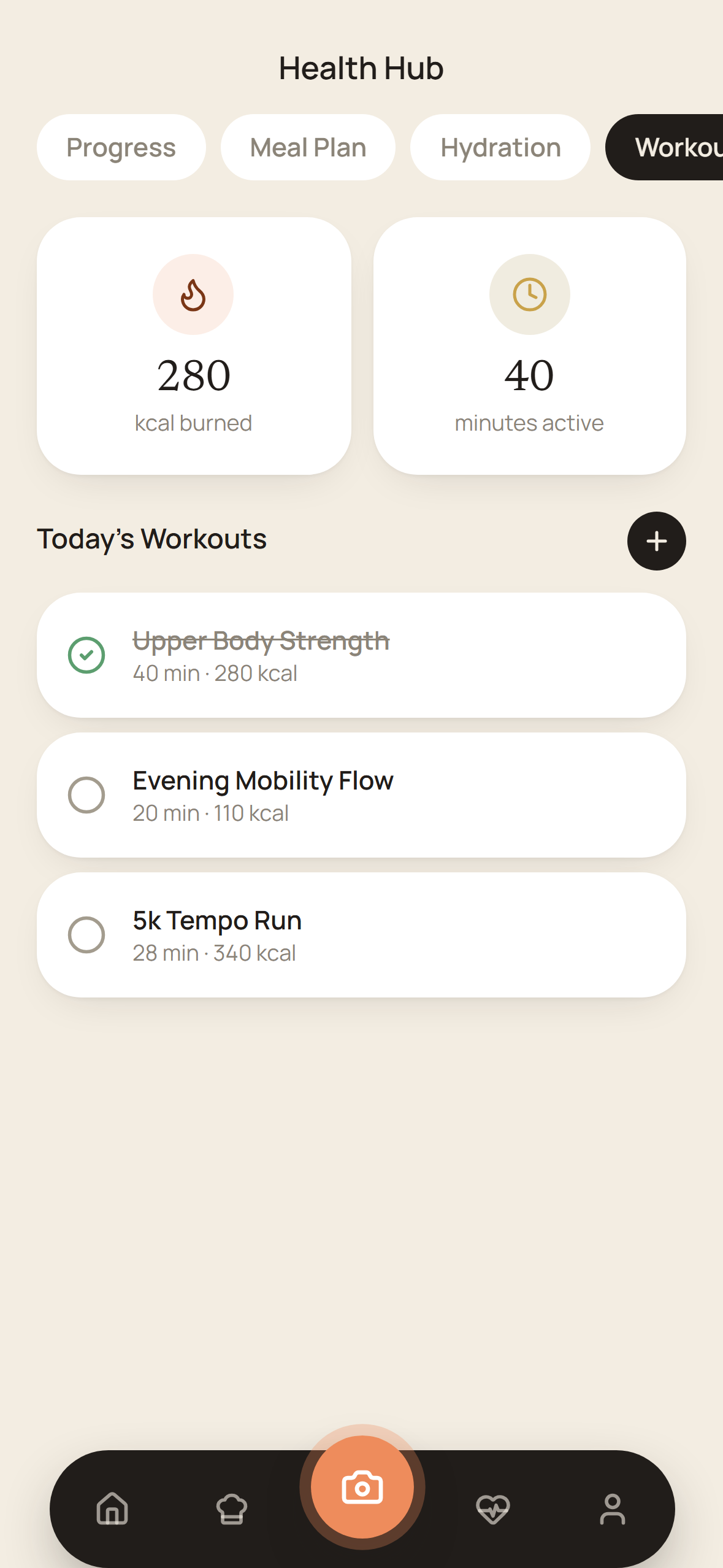 Workout log screen in the Nourish Tech app